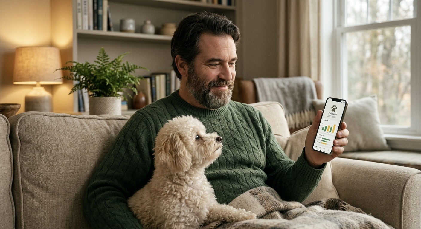 A small fluffy dog sitting next to a person holding a phone that shows a simple pet health summary, cozy home setting.