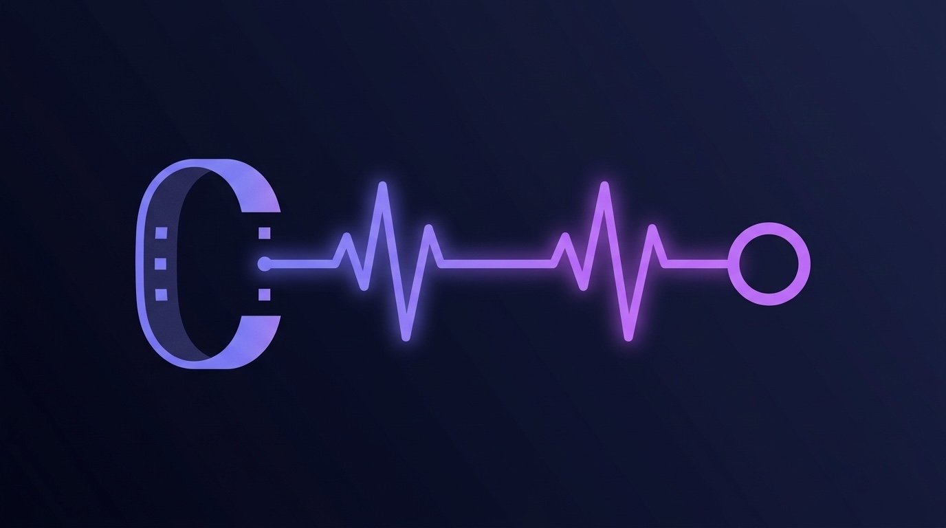 Abstract illustration of a wearable band connected to a pulse line and a ring shape.