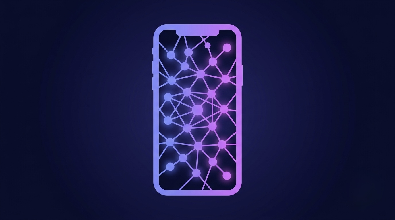 Abstract illustration of a smartphone silhouette containing a glowing neural network.