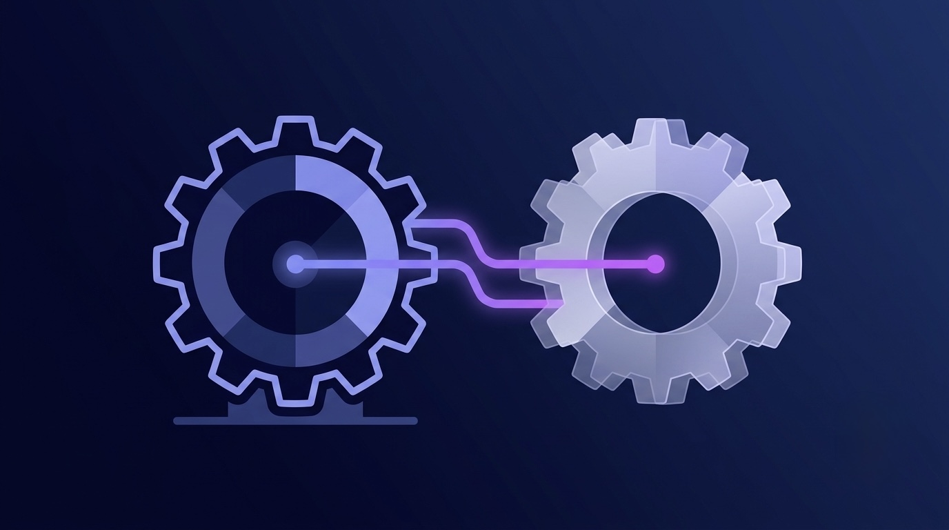 Abstract illustration of two interlocking gear-like nodes connected by a glowing line, one grounded and one translucent.