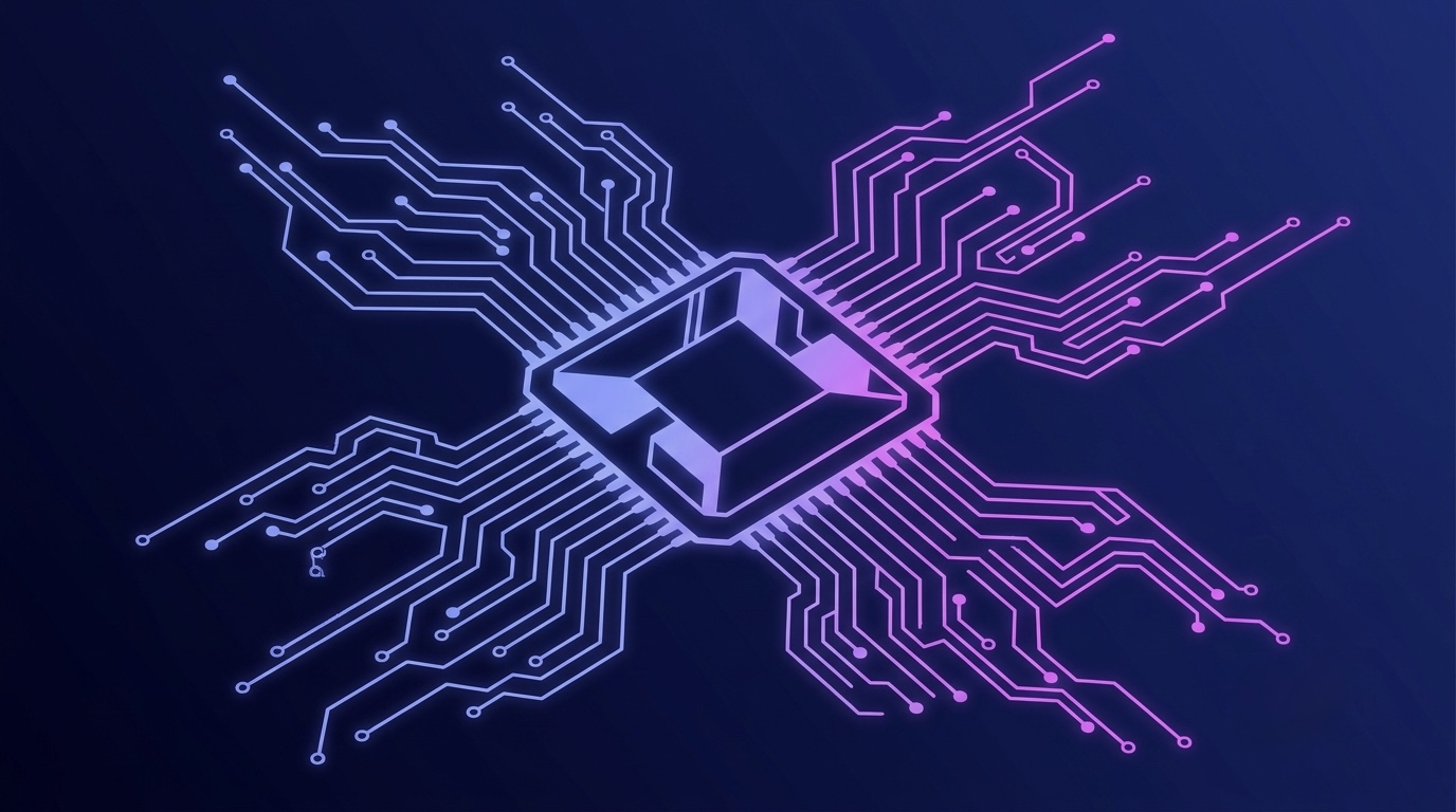 Abstract illustration of a processor chip with glowing circuit pathways.