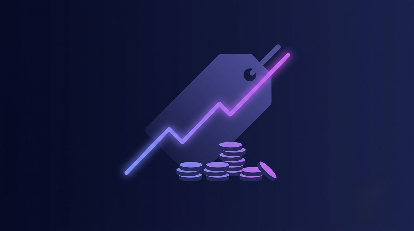 Abstract illustration of a rising price tag with a chart line and stacked coins.